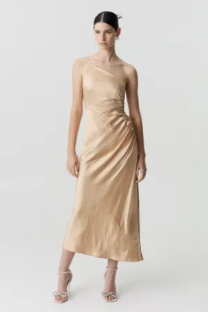 SATIN GATHER ONE SHOULDER DRESS | SAND