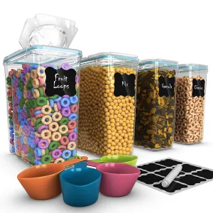 Set of 4 Cereal & Dry Food Storage Container (16.9 Cup/135.2oz)   4 Measuring Cups Set   FREE Labels & Marker -100% Airtight Lid - BPA-Free Dispenser Keepers for Cereal, Flour, Sugar, Coffee, Rice etc