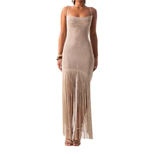 Shiny fringed strappy long dress