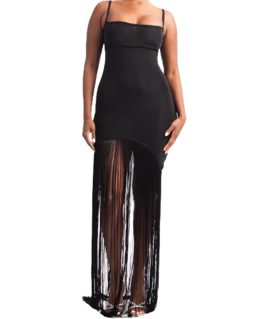 Shiny fringed strappy long dress