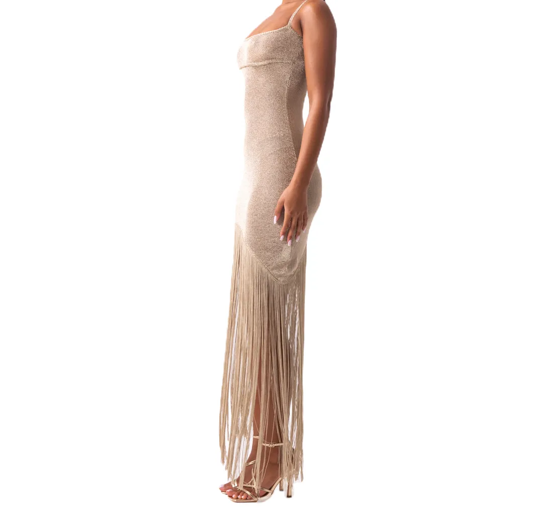 Shiny fringed strappy long dress