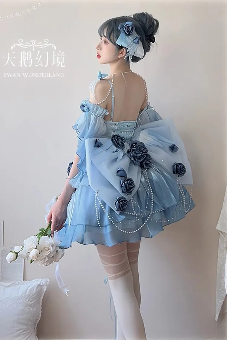 Sky Blue [Swan Wonderland] Embroidery Bowknot Lace-Up Sweet Ballet Lolita Jsk Dress Short Version