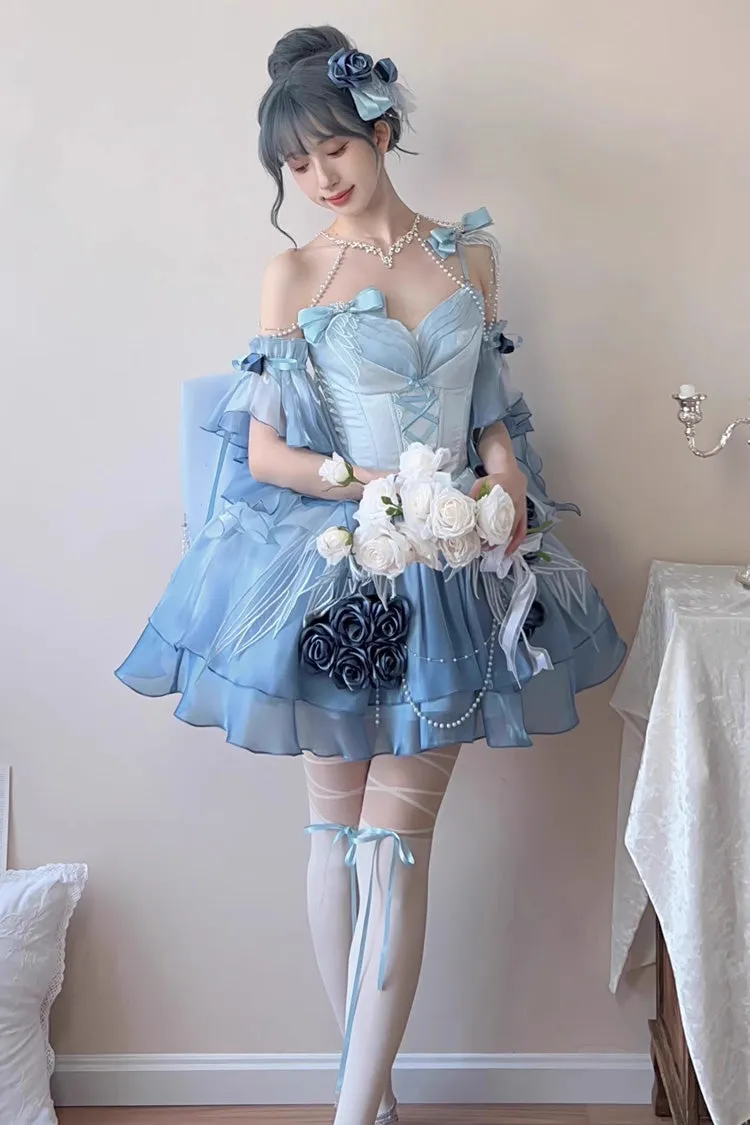 Sky Blue [Swan Wonderland] Embroidery Bowknot Lace-Up Sweet Ballet Lolita Jsk Dress Short Version