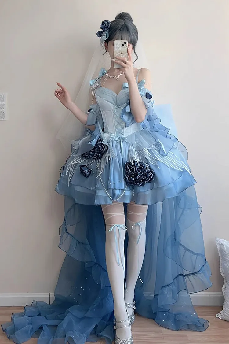 Sky Blue [Swan Wonderland] Embroidery Bowknot Lace-Up Sweet Ballet Lolita Jsk Dress Short Version