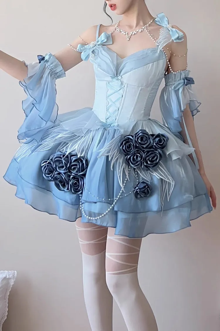 Sky Blue [Swan Wonderland] Embroidery Bowknot Lace-Up Sweet Ballet Lolita Jsk Dress Short Version