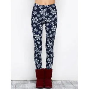 Snowflake Print Stretchy Christmas Leggings - Purplish Blue Xl