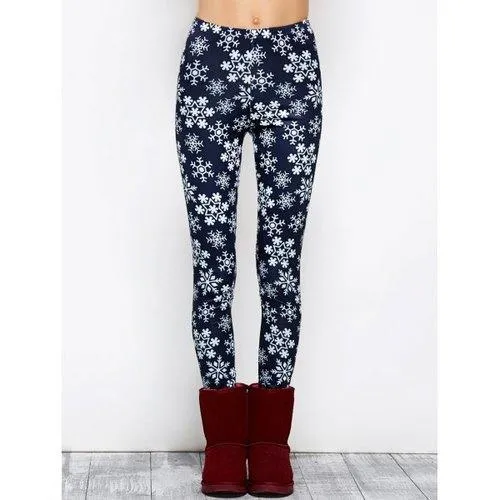 Snowflake Print Stretchy Christmas Leggings - Purplish Blue Xl