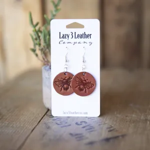 Stamped Bee Dangle Leather Earrings