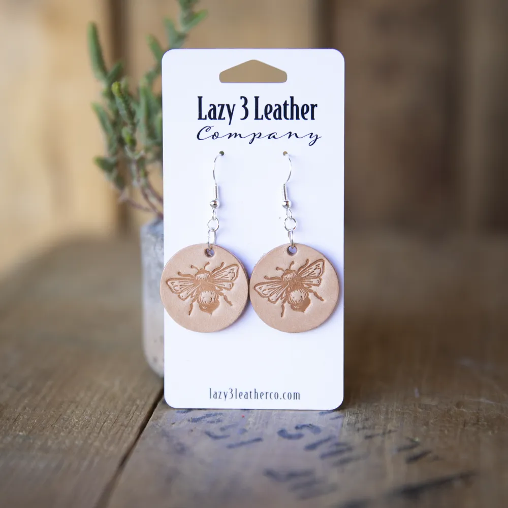 Stamped Bee Dangle Leather Earrings