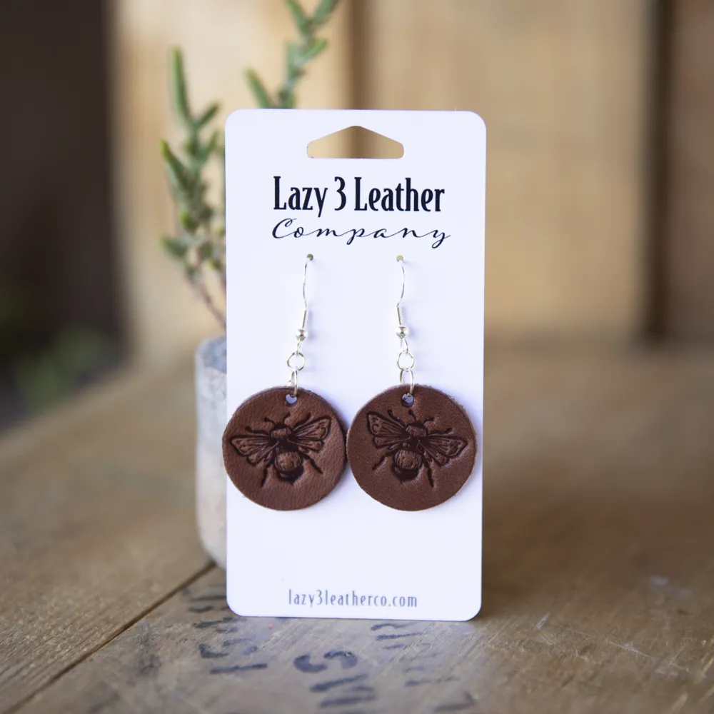 Stamped Bee Dangle Leather Earrings