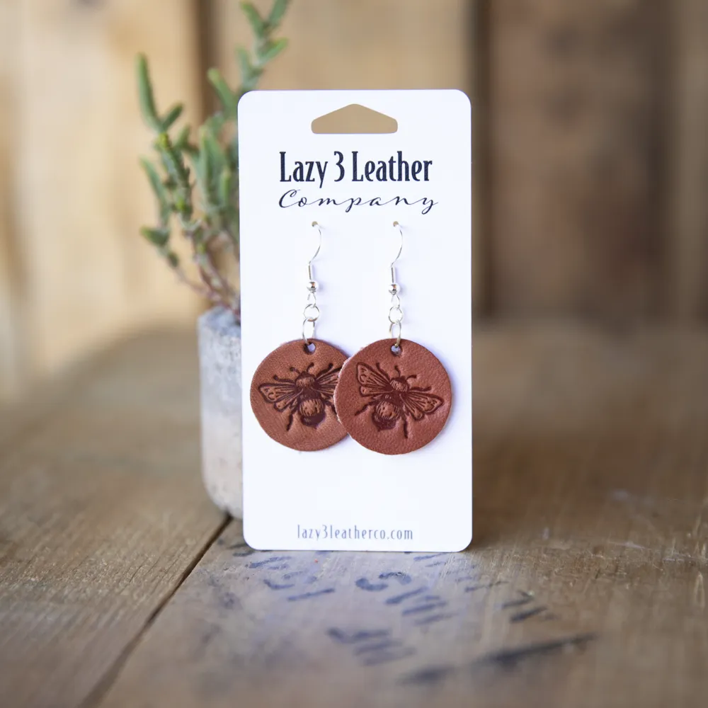 Stamped Bee Dangle Leather Earrings