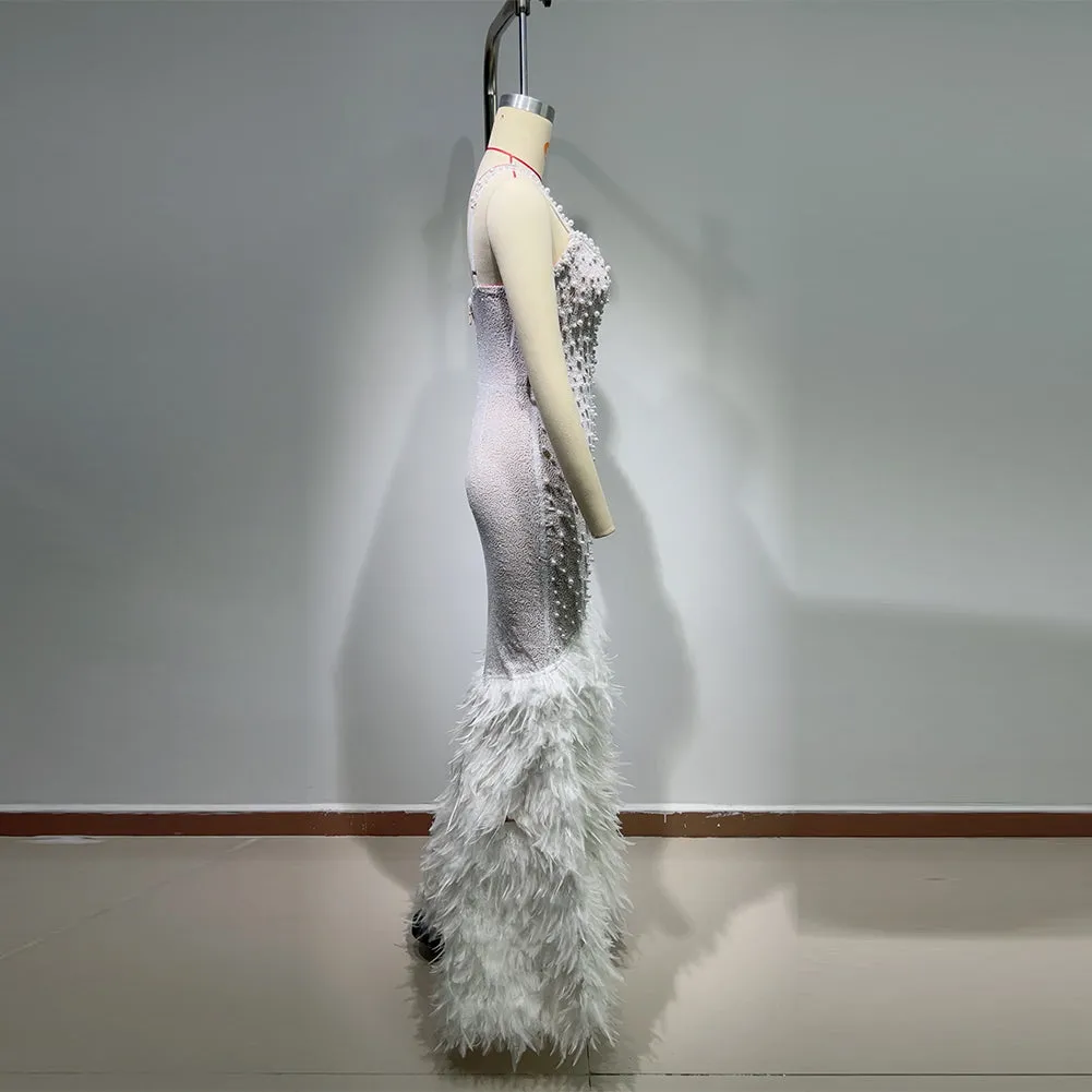 Strappy Sleeveless Feather Maxi Bodycon Dress HT10410