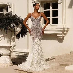 Strappy Sleeveless Feather Maxi Bodycon Dress HT10410