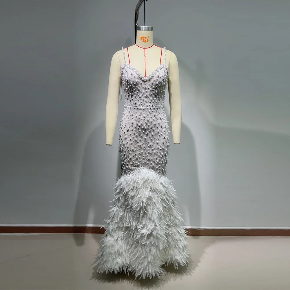 Strappy Sleeveless Feather Maxi Bodycon Dress HT10410