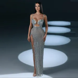 Strappy Sleeveless Rhinestone Maxi Bodycon Dress HT10660