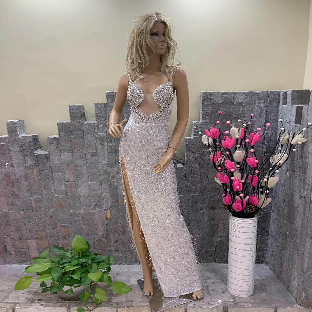 Strappy Sleeveless Rhinestone Maxi Bodycon Dress HT10660