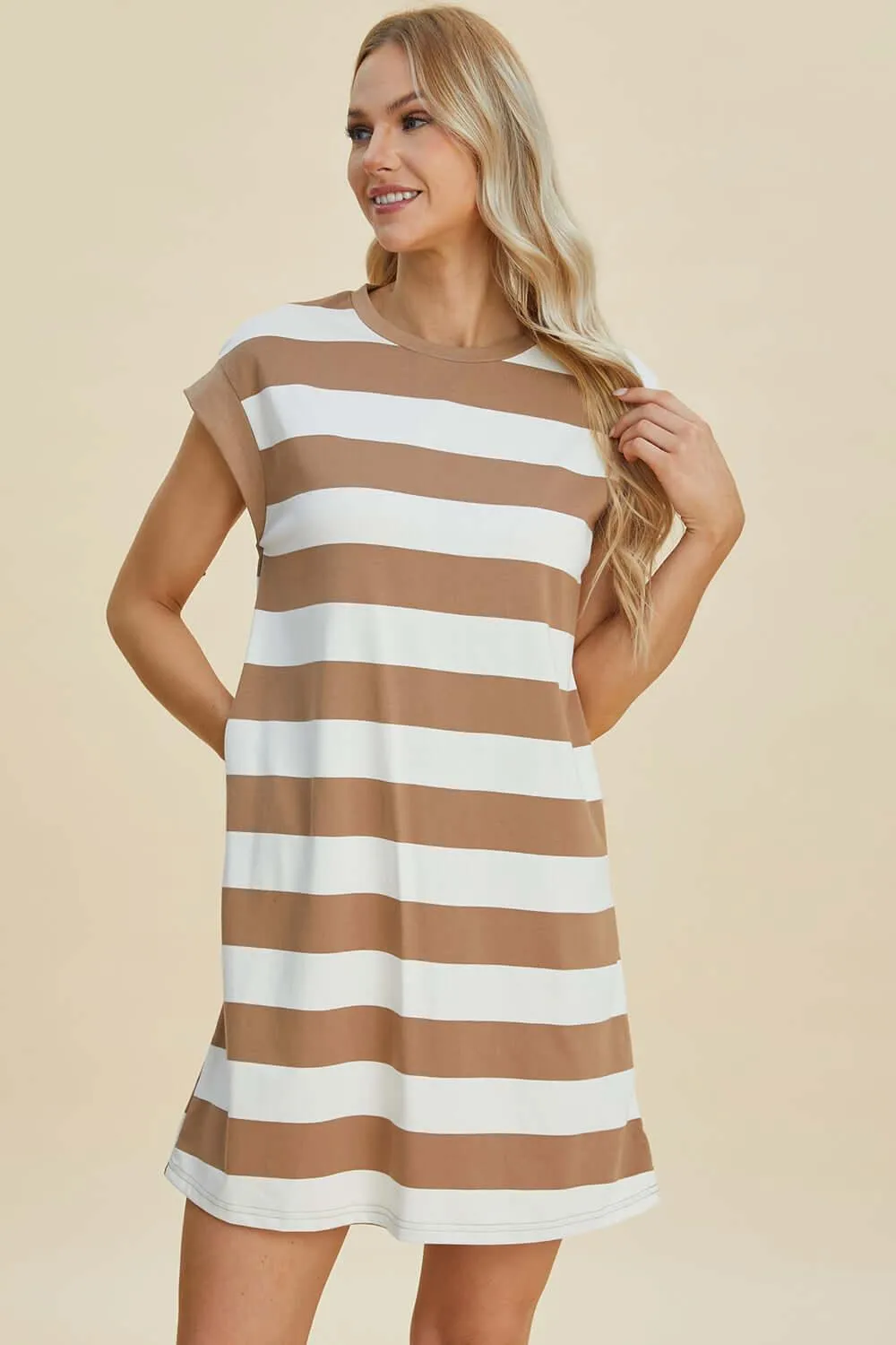 Striped Round Neck Cap Sleeve Mini Dress – Casual Cool