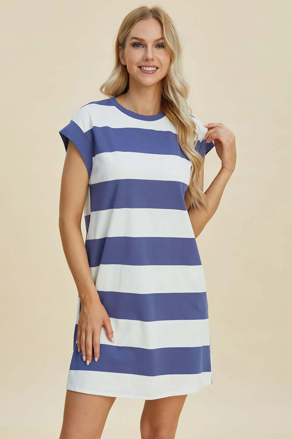 Striped Round Neck Cap Sleeve Mini Dress – Casual Cool