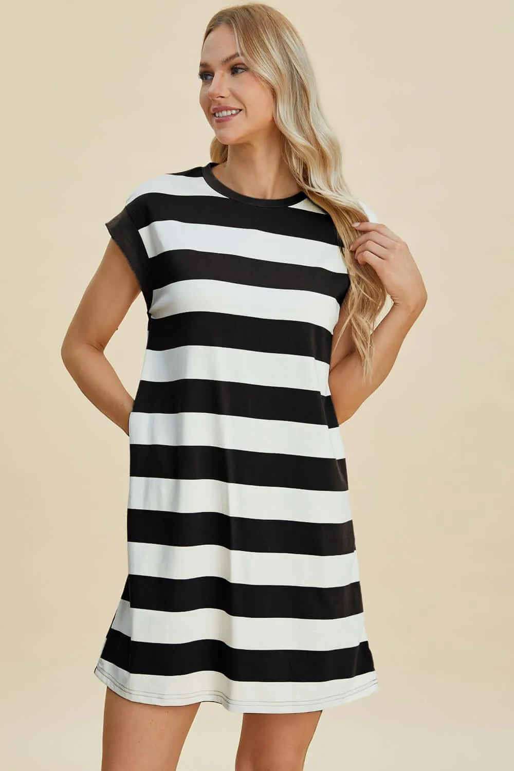 Striped Round Neck Cap Sleeve Mini Dress – Casual Cool