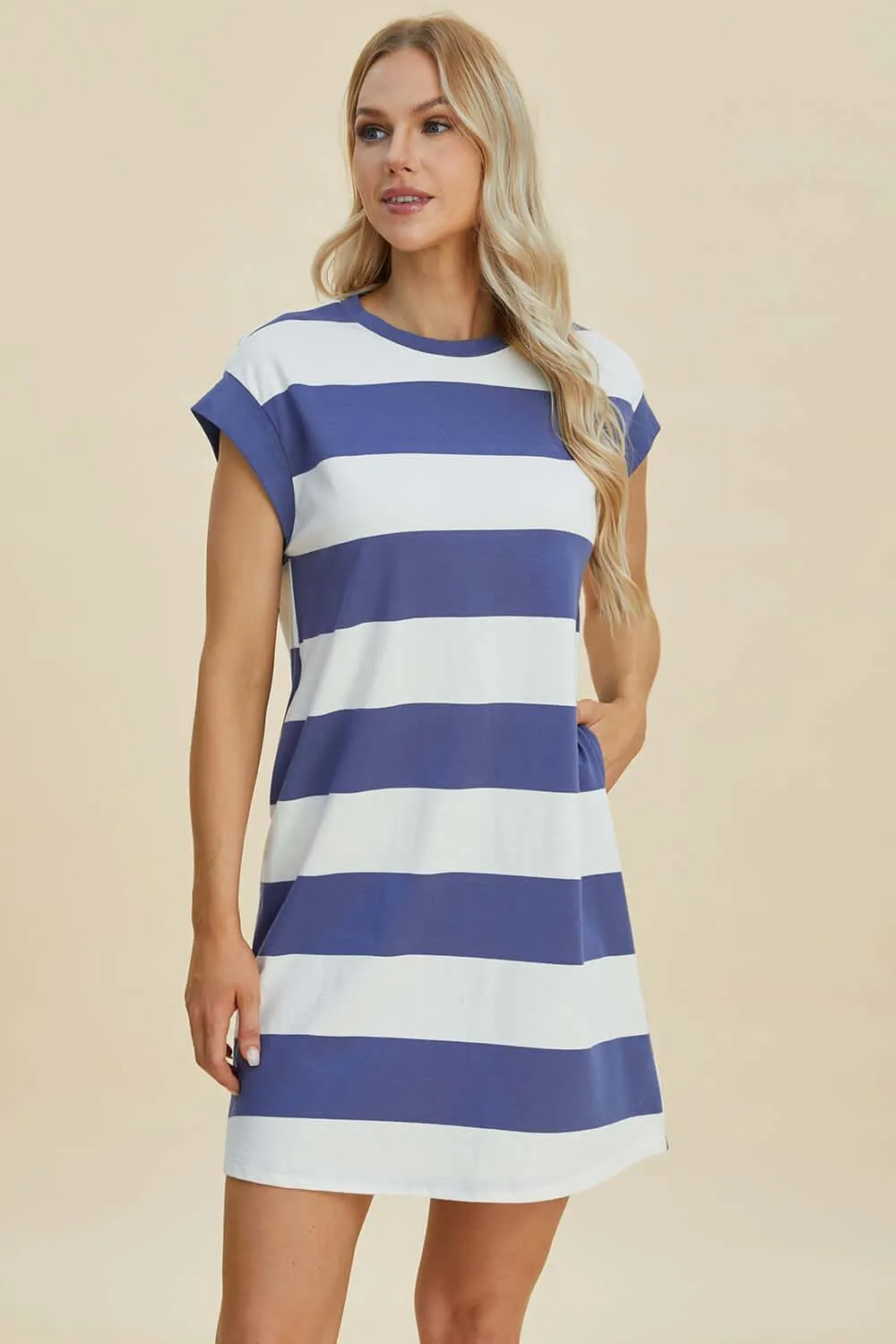 Striped Round Neck Cap Sleeve Mini Dress – Casual Cool
