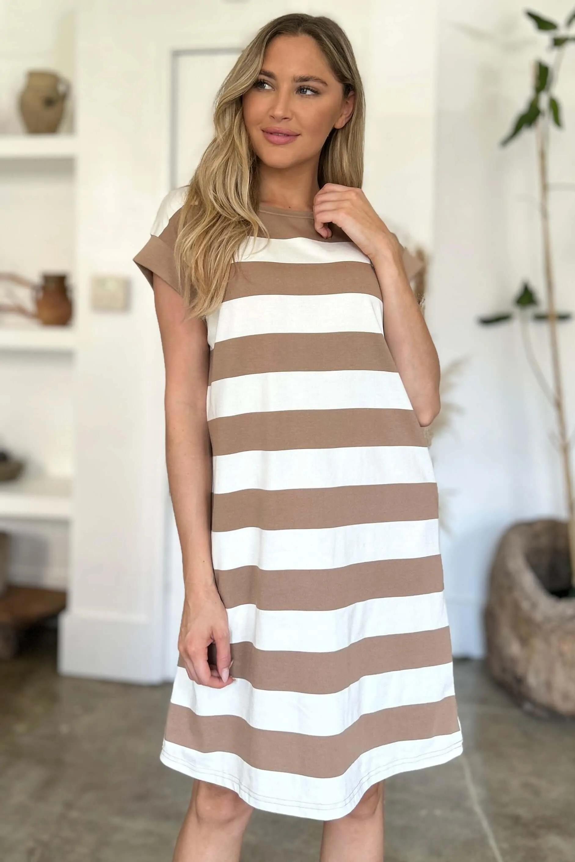 Striped Round Neck Cap Sleeve Mini Dress – Casual Cool