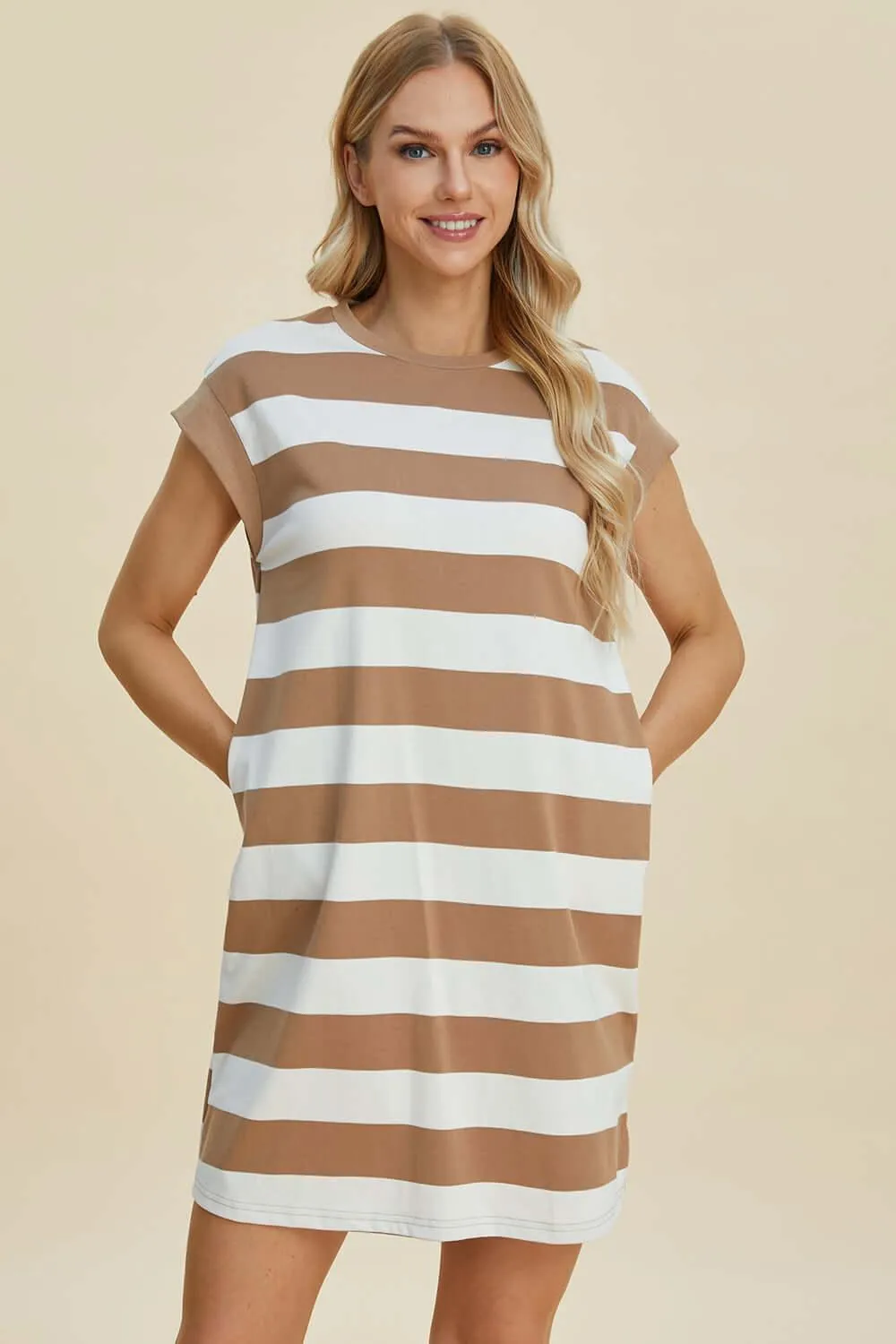Striped Round Neck Cap Sleeve Mini Dress – Casual Cool