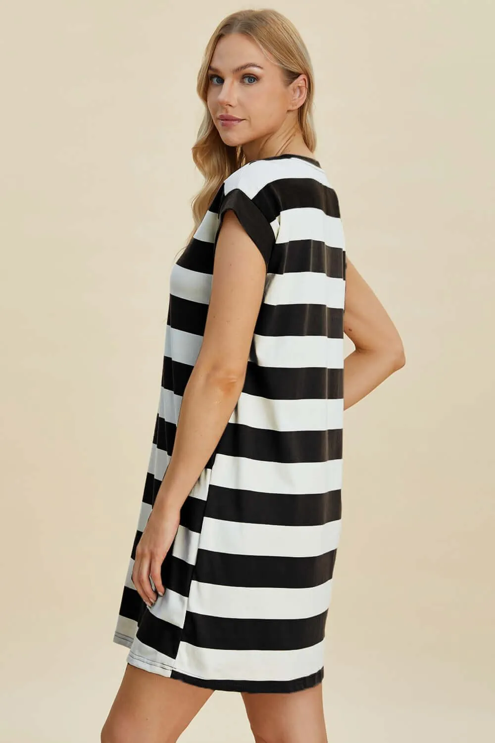 Striped Round Neck Cap Sleeve Mini Dress – Casual Cool
