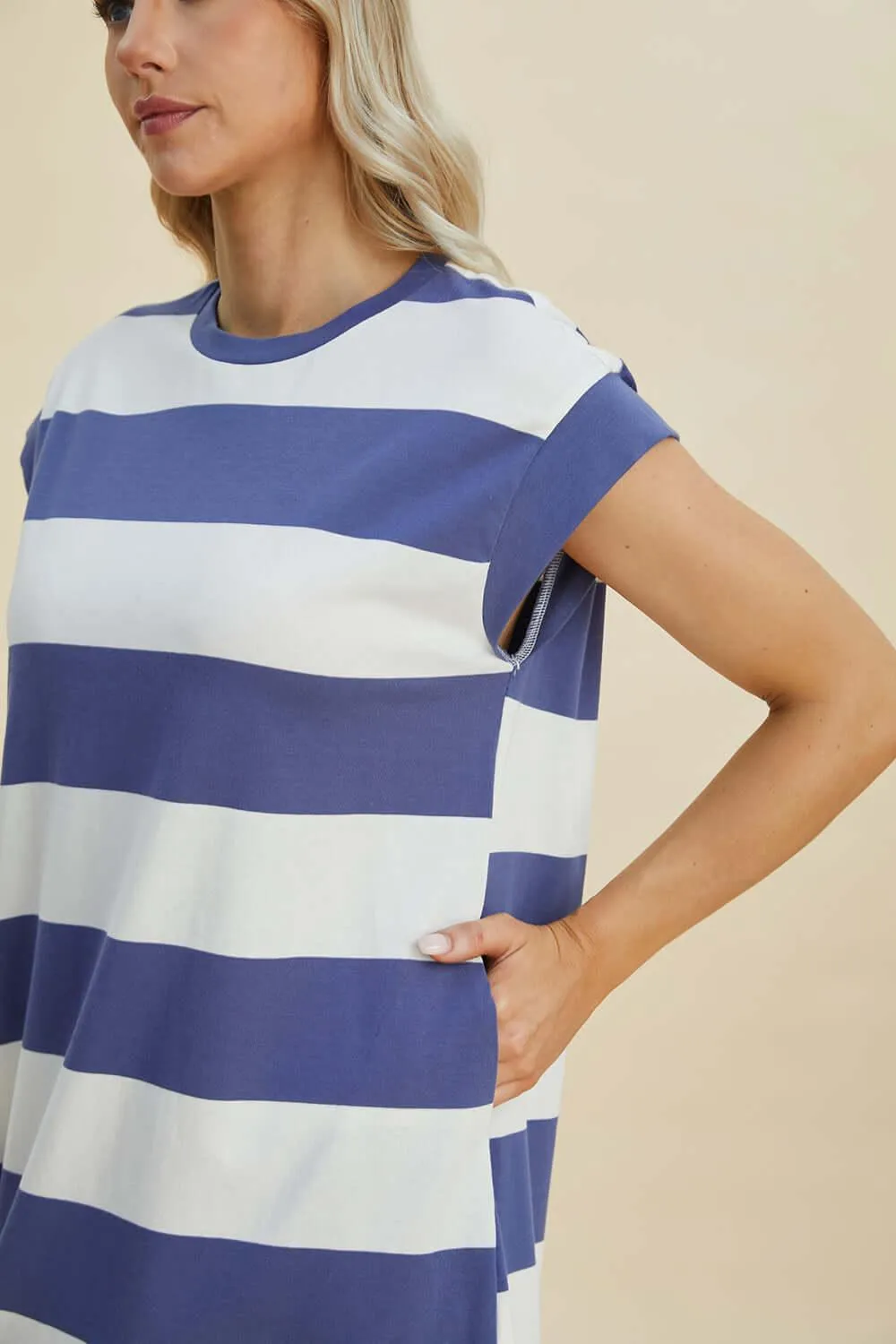 Striped Round Neck Cap Sleeve Mini Dress – Casual Cool