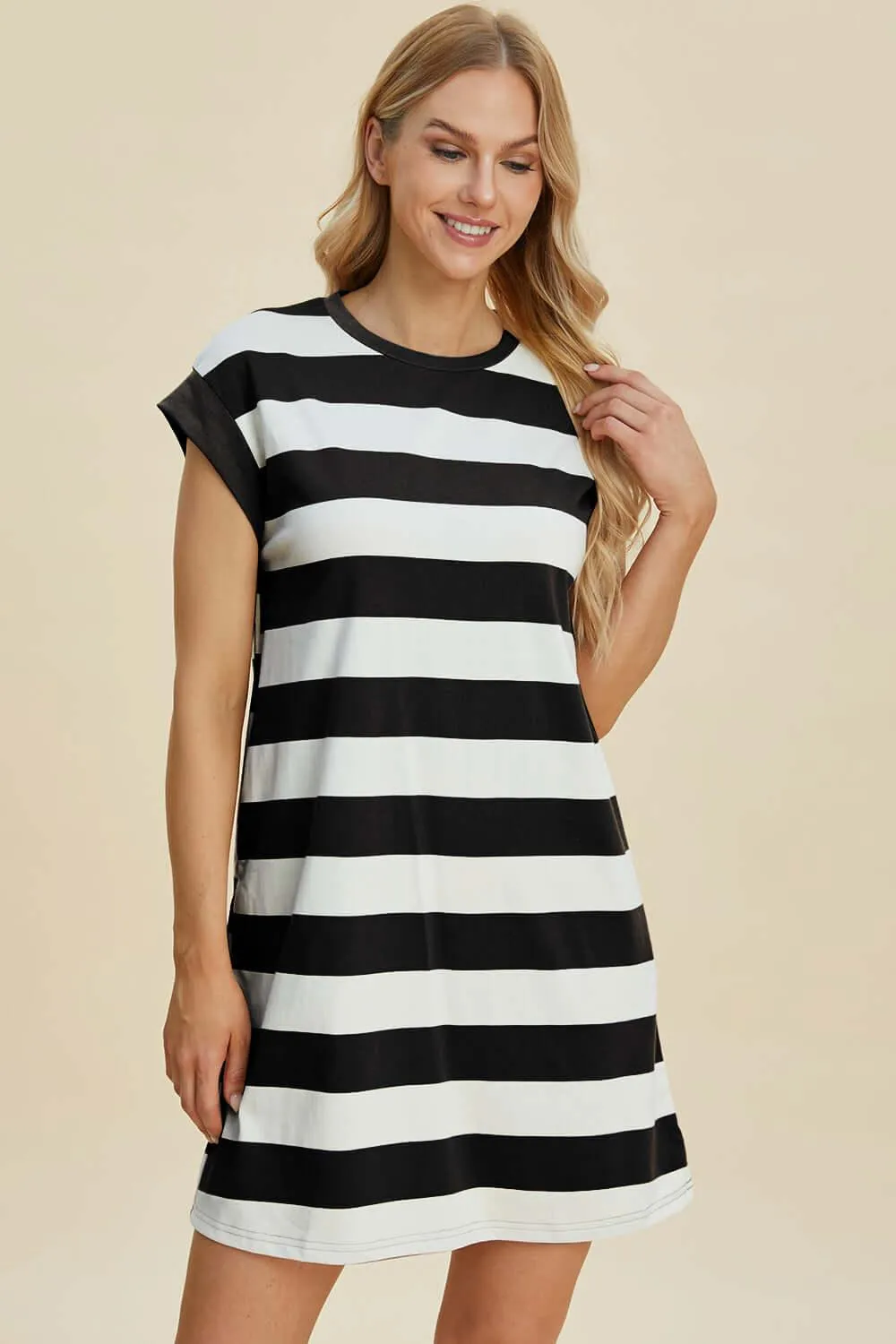 Striped Round Neck Cap Sleeve Mini Dress – Casual Cool