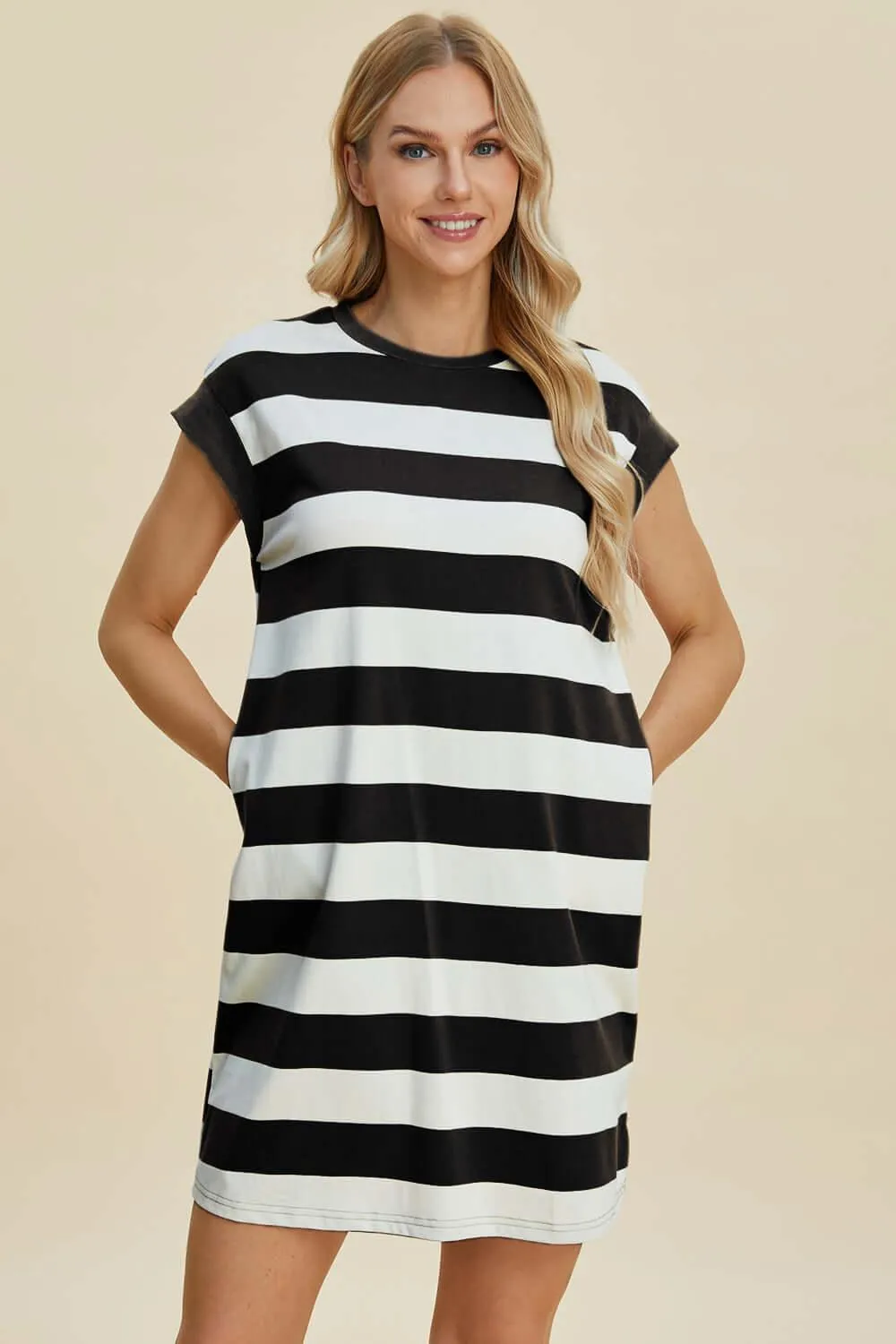 Striped Round Neck Cap Sleeve Mini Dress – Casual Cool