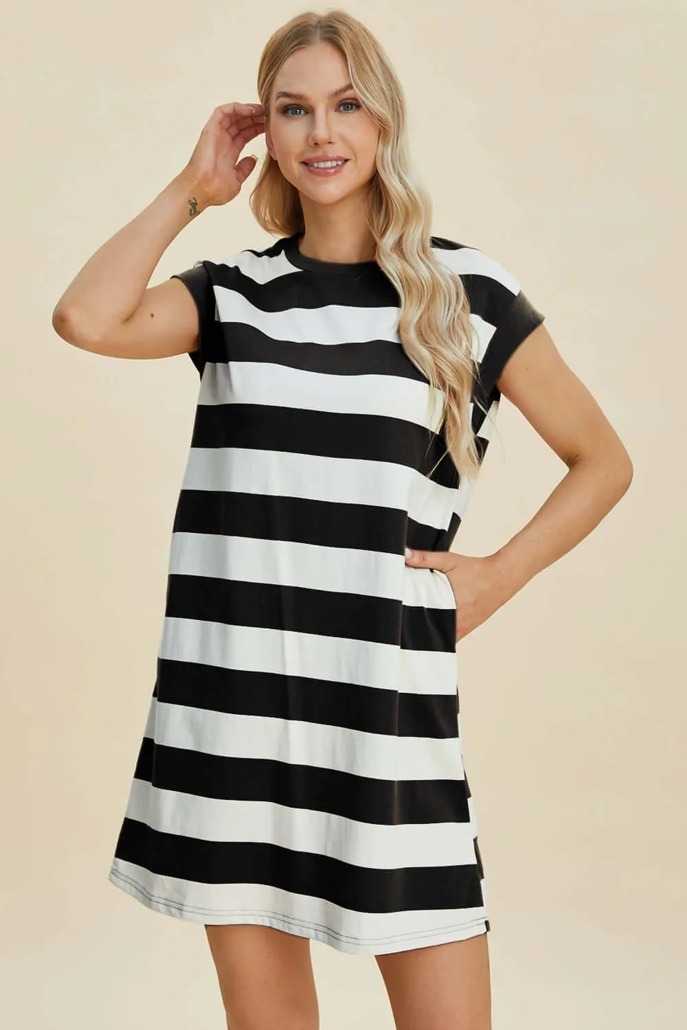 Striped Round Neck Cap Sleeve Mini Dress – Casual Cool