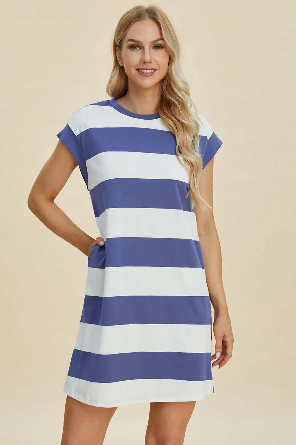 Striped Round Neck Cap Sleeve Mini Dress – Casual Cool