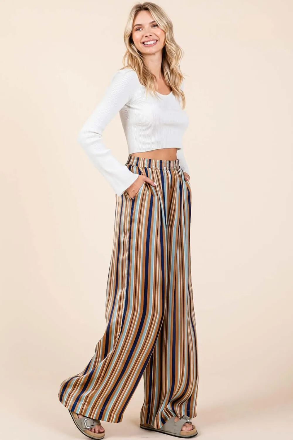 Striped Satin Wide-Leg Pants with Elastic Waist – Luxe Comfort