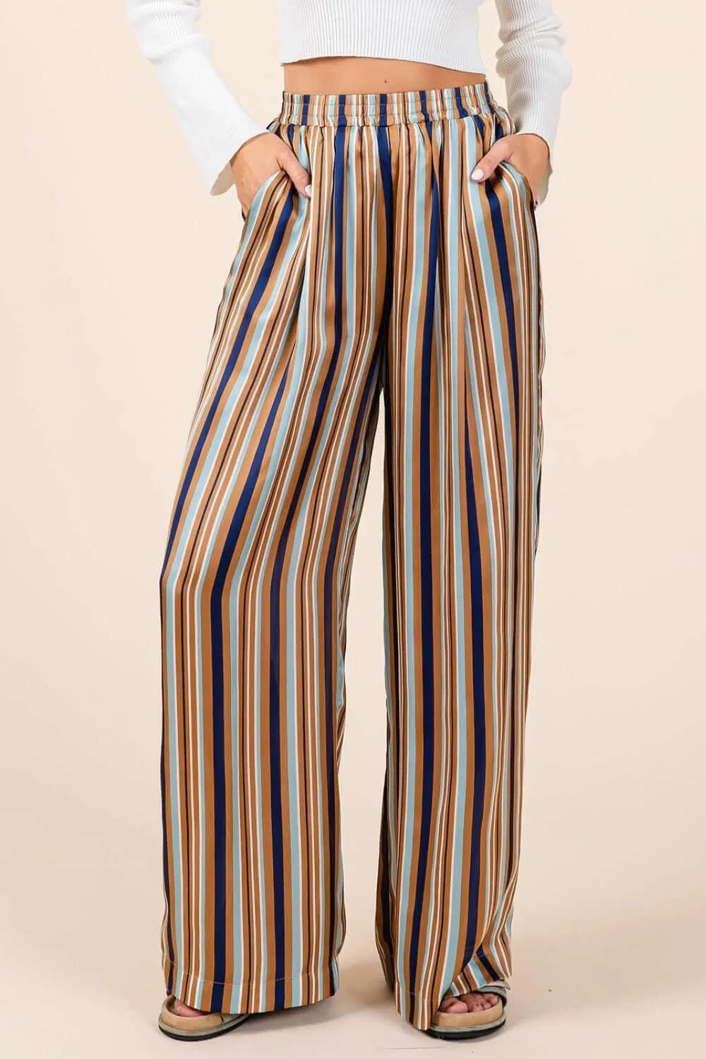 Striped Satin Wide-Leg Pants with Elastic Waist – Luxe Comfort
