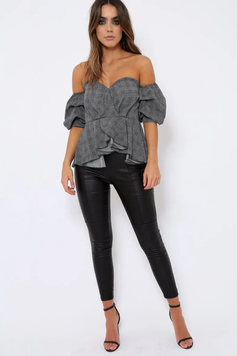 Tartan Sweet Heart Bardot Top with Ruched Sleeves - Kinza