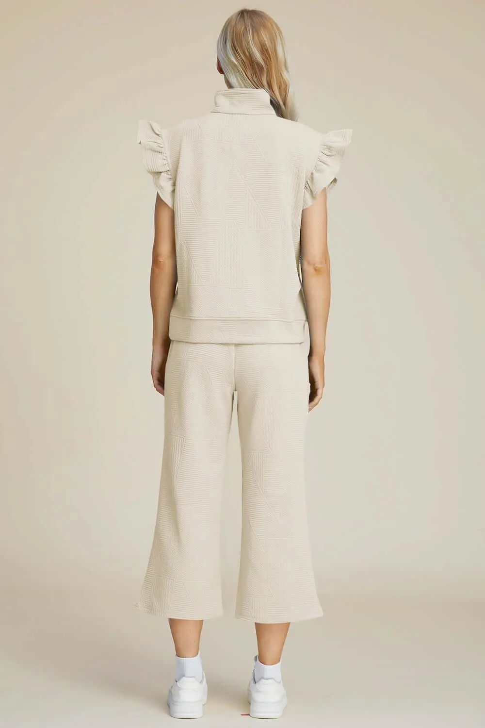 Texture Ruffle Short Sleeve Top and Wide Leg Pants Set