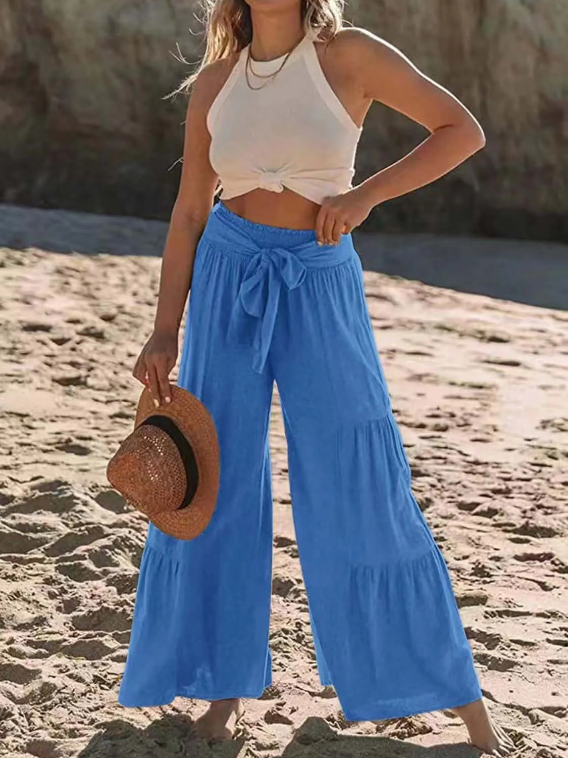 Tied Ruched High-Waist Wide Leg Pants – Effortless Glam
