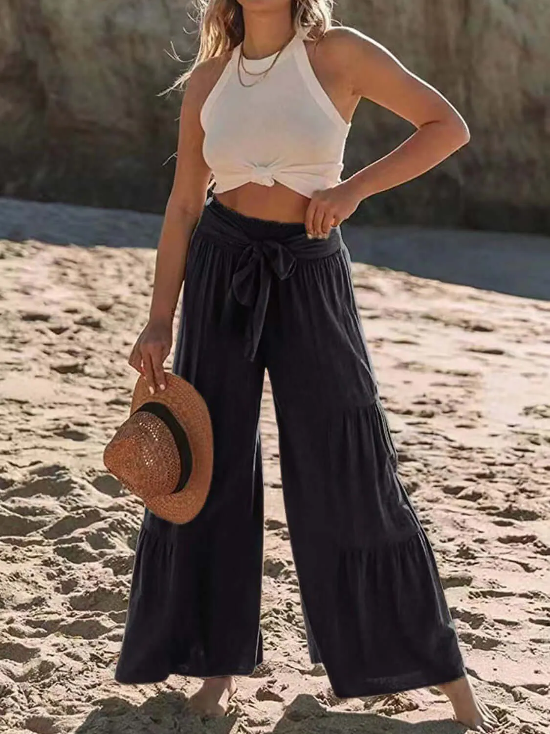 Tied Ruched High-Waist Wide Leg Pants – Effortless Glam