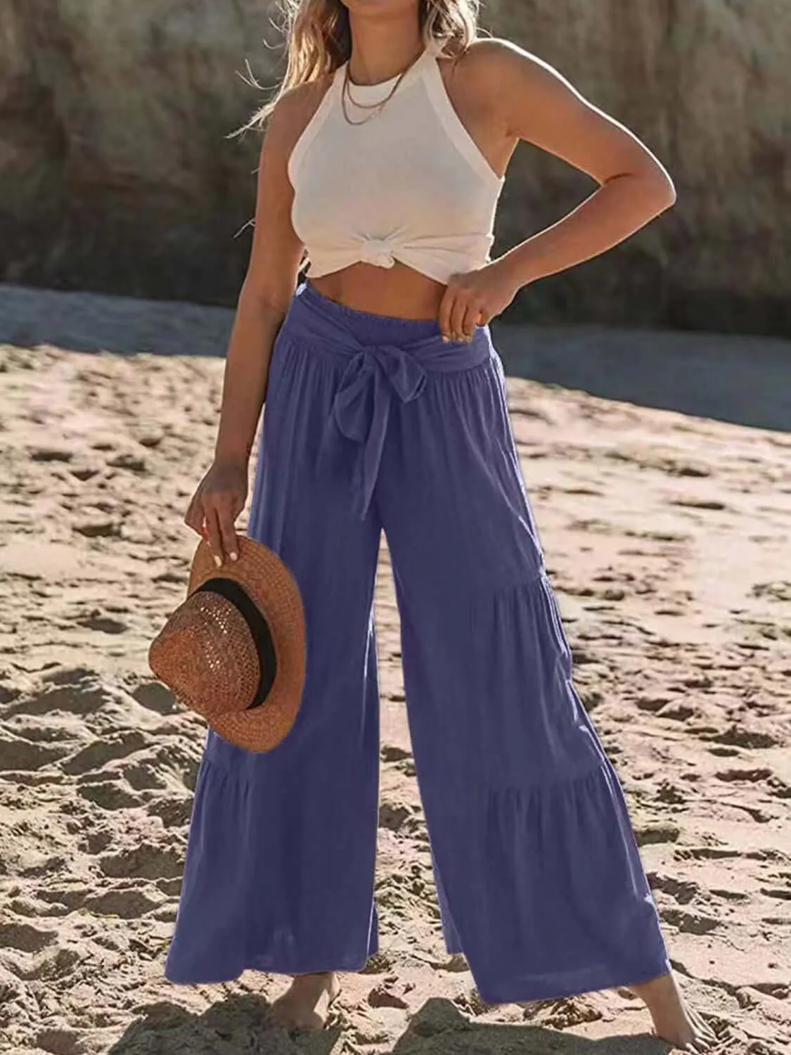 Tied Ruched High-Waist Wide Leg Pants – Effortless Glam