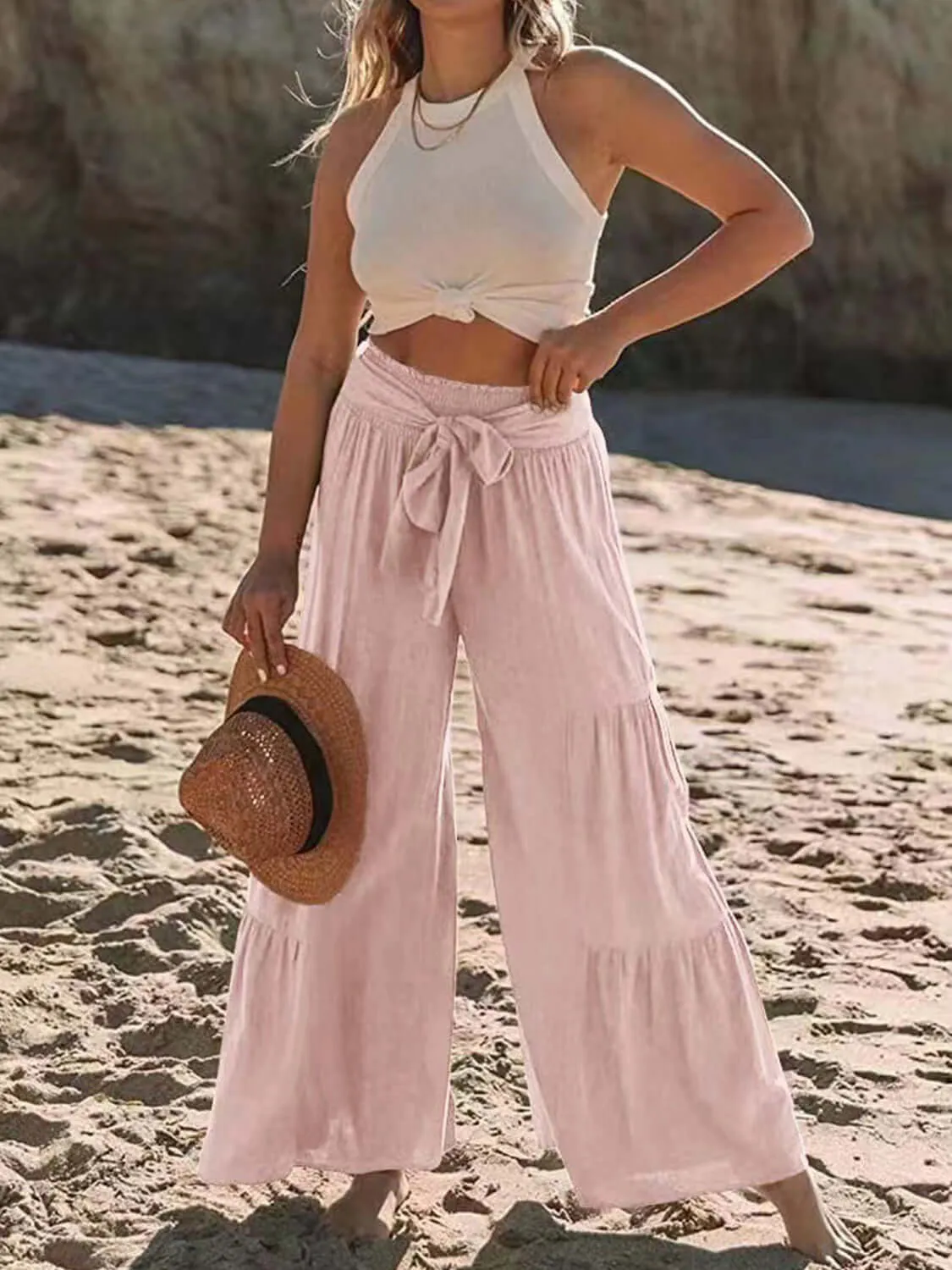 Tied Ruched High-Waist Wide Leg Pants – Effortless Glam