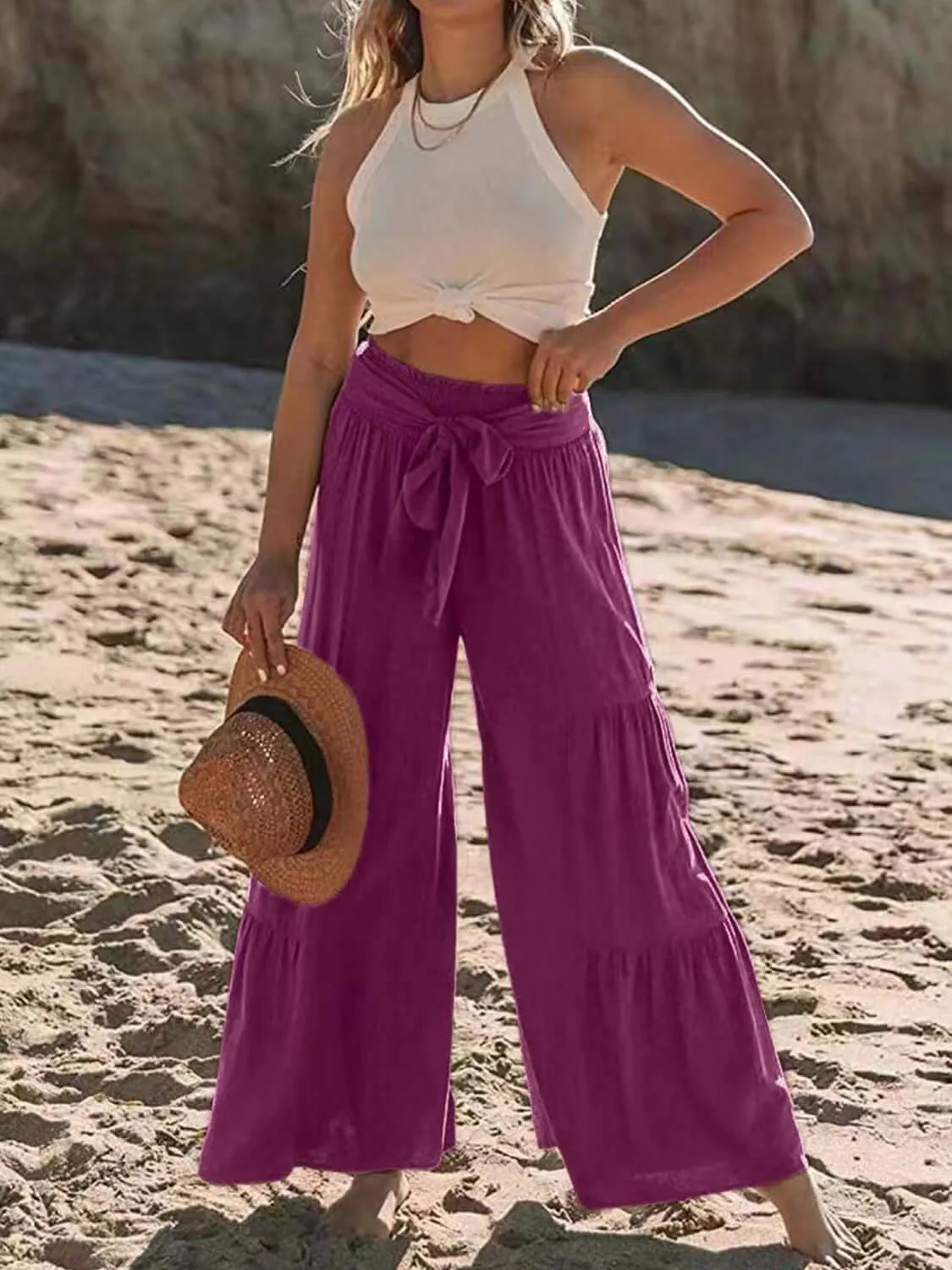 Tied Ruched High-Waist Wide Leg Pants – Effortless Glam