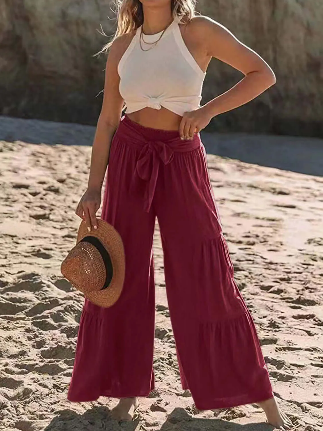 Tied Ruched High-Waist Wide Leg Pants – Effortless Glam