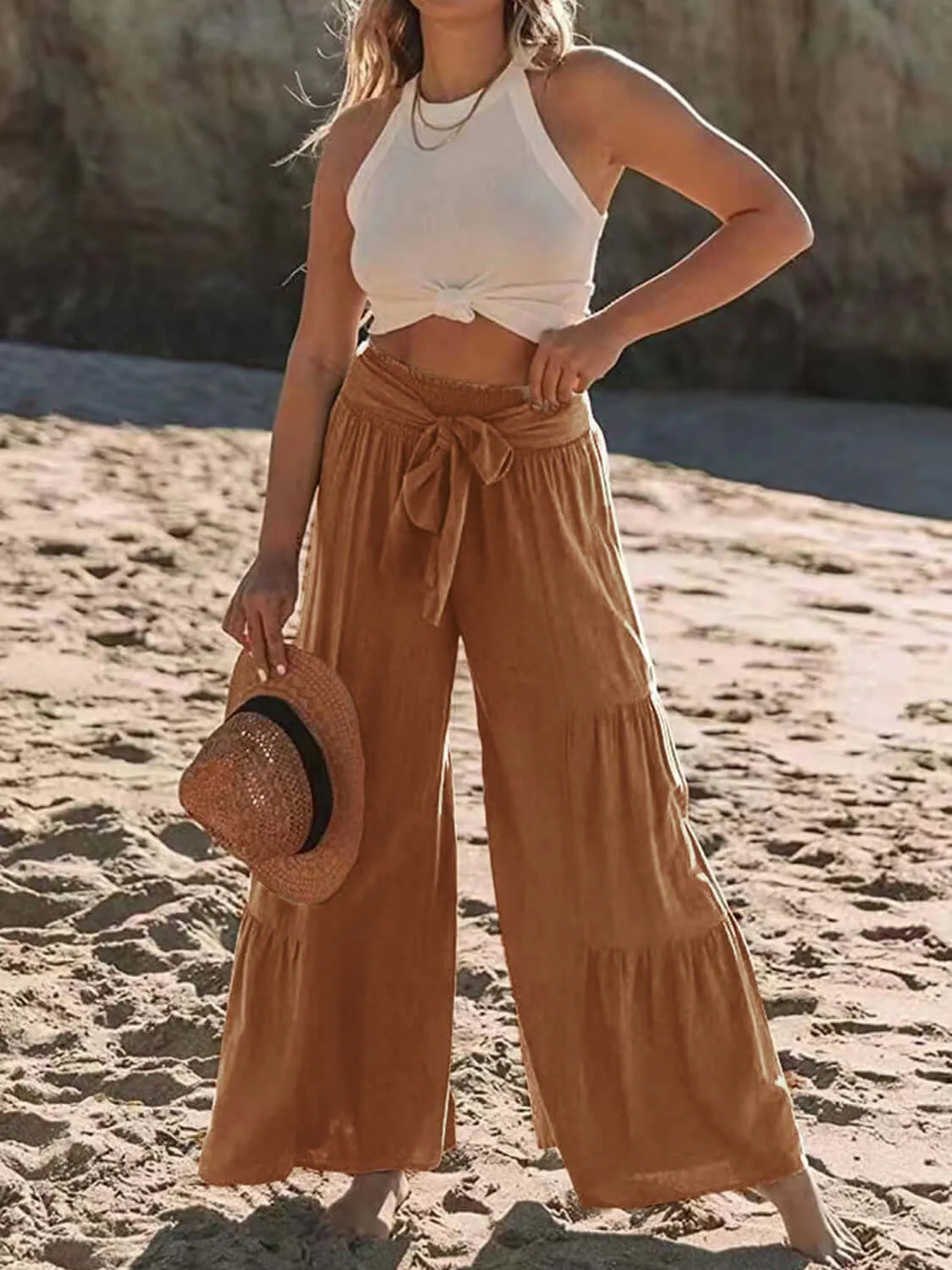 Tied Ruched High-Waist Wide Leg Pants – Effortless Glam