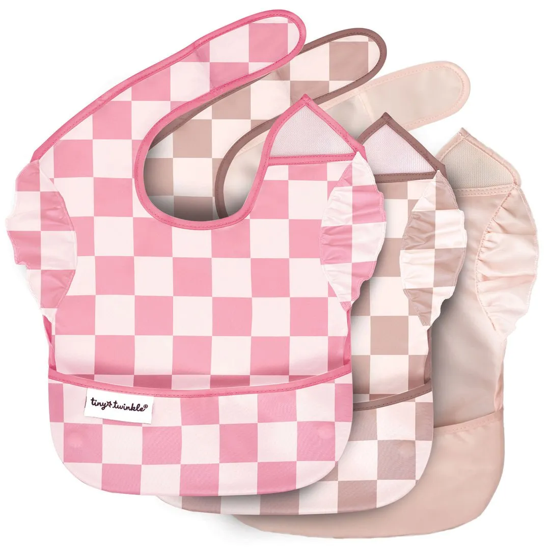 Tiny Twinkle - Mess-proof Easy Bib 3 Pack - Pink, Brown Checkers, Solid Pink