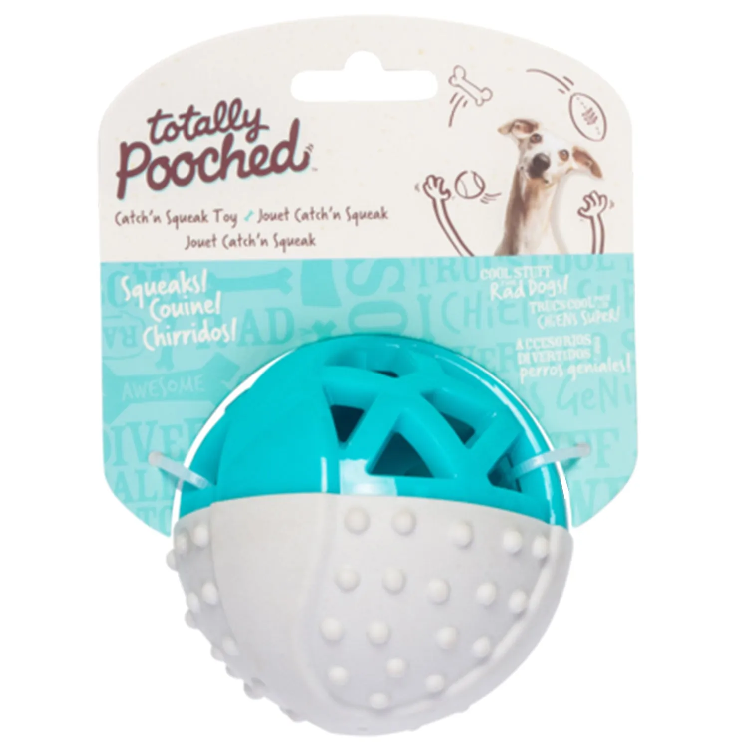 Totally Pooched Catch n' Squeak Rubber Ball Dog Toys (3.5-inch, Grey & Teal)