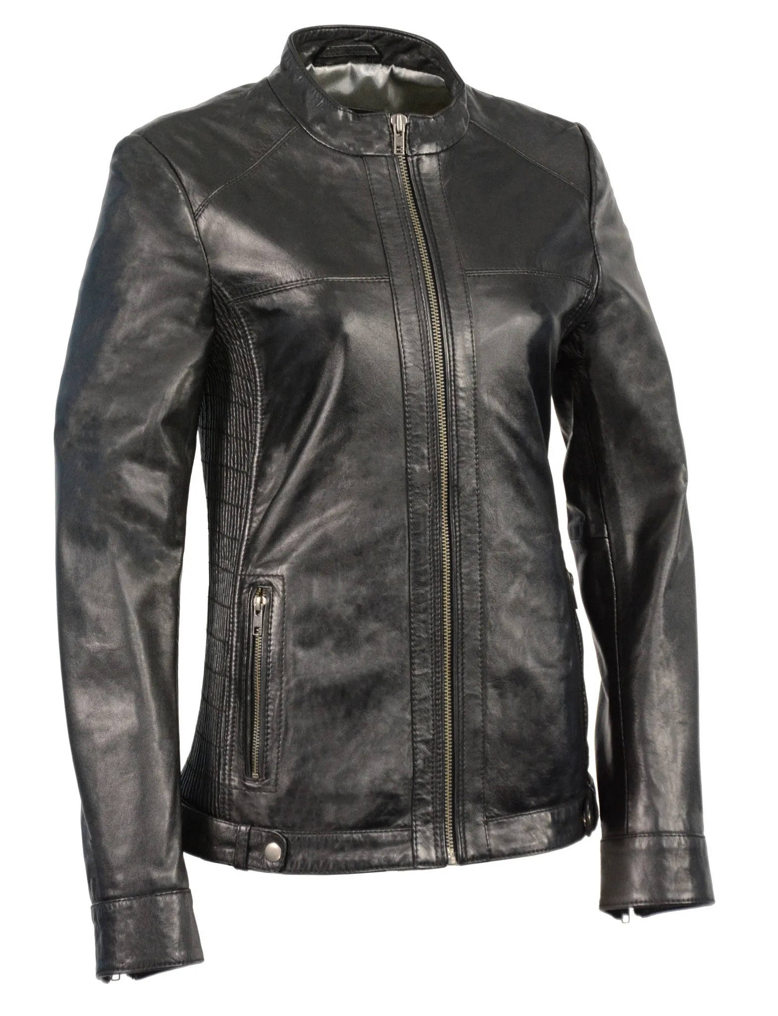 Women's butter soft lamb skin Blk Leather with stand up collar scuba jacket
