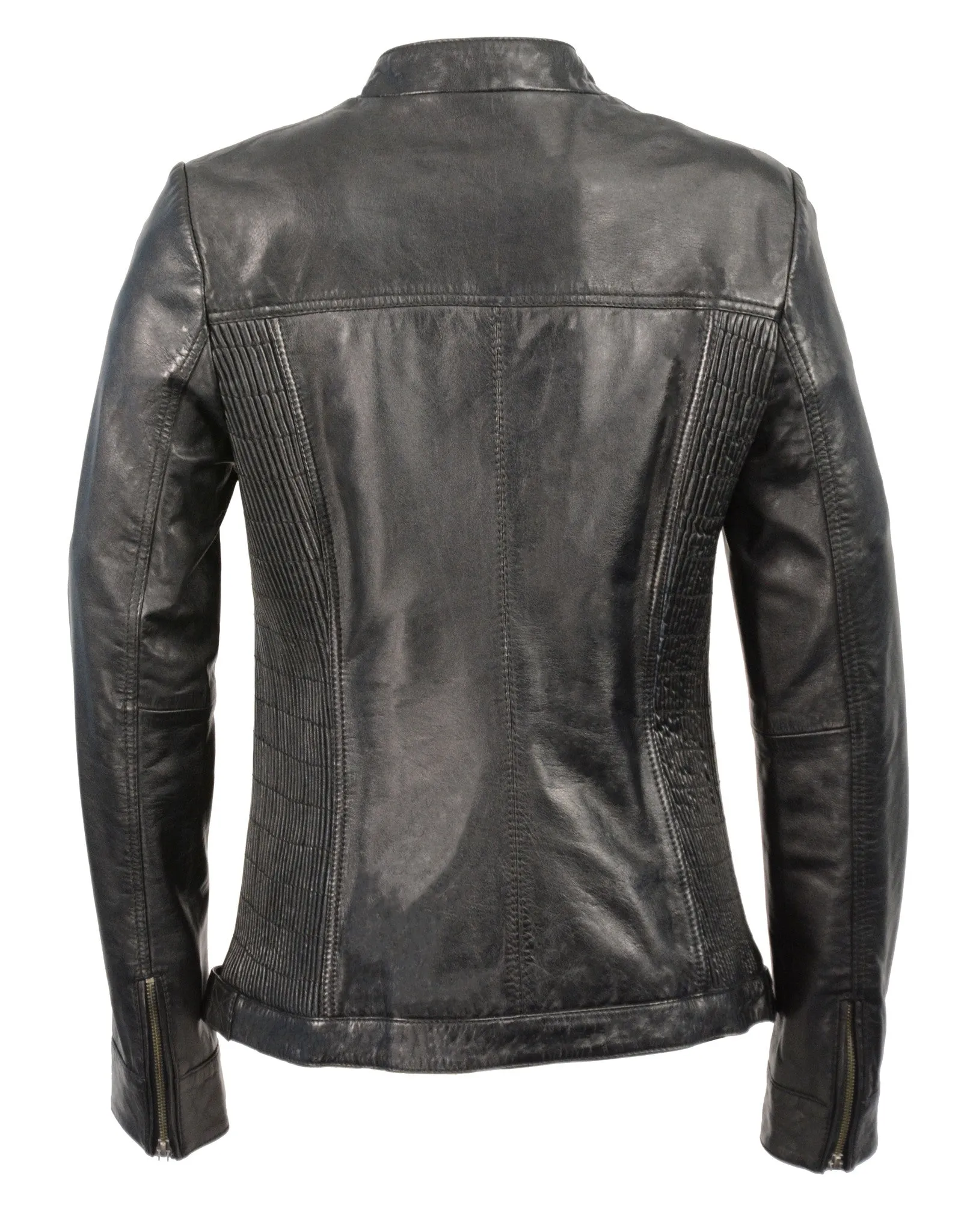 Women's butter soft lamb skin Blk Leather with stand up collar scuba jacket
